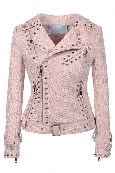 Cool Street Girls' Long Sleeve Notch Collar Zipper Rivet Decoration Buckle Belted Plain Fitted Leather Jacket