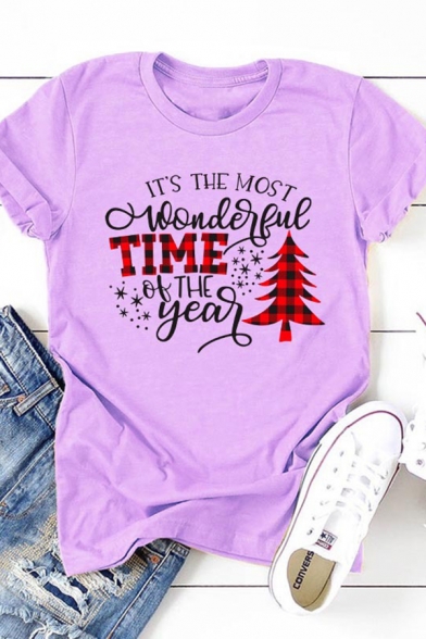 Cute Basic Female Rolled Cuff Crew Neck Letter IT'S THE MOST WONDERFUL TIME OF THE YEAR Tree Print Relaxed Tee