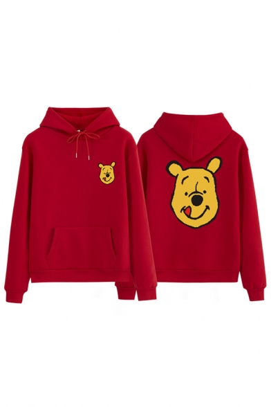 Cute Kawaii Street Long Sleeve Drawstring Winnie The Pooh Printed Kangaroo Pocket Loose Hoodie for Girls
