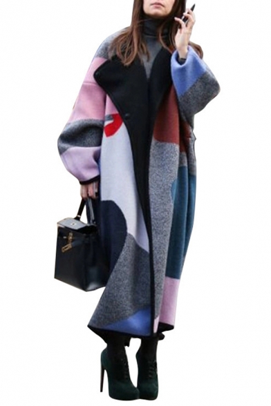 Dressy Designer Female Long Sleeve Turn Down Collar Geo Printed Boxy Maxi Coat in Grey