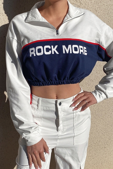 Edgy looks White Long Sleeve Lapel Collar Half Zipper Letter ROCK MORE Contrasted Loose Crop Pullover Sweatshirt for Girls