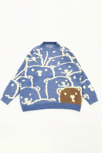 Fancy Bears Printed Long Sleeve Crewneck Leisure Pullover Sweater for Winter