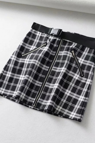 Fashion Black High Waist Buckle Belted Zipper Front Plaid Printed Short A-Line Skirt for Ladies