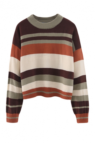 Fashion Girls' Long Sleeve Crew Neck Stripe Printed Purl-Knitted Boxy Pullover Sweater Top