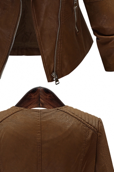 Fashion Street Ladies' Long Sleeve Peak Collar Zipper Front Slim Fit Leather Jacket