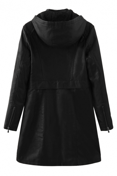 Female Cool Basic Long Sleeve Hooded Zipper Button Front Pockets Side Shearling Lined Baggy Midi Plain Leather Coat