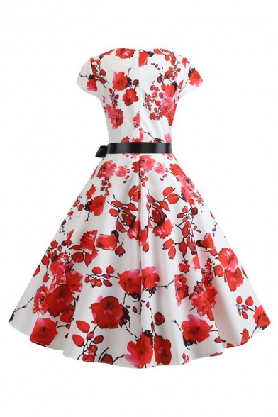 Formal White Short Sleeve Crew Neck Bow Tie Waist All Over Floral Zip Back Midi Pleated Swing Dress for Girls