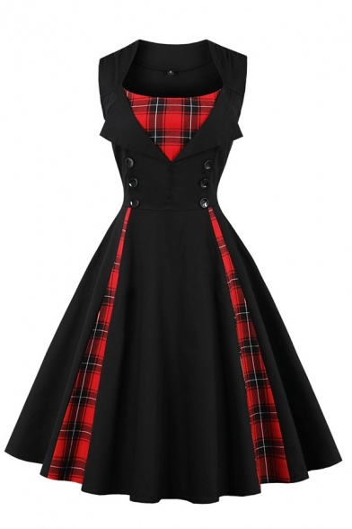 Formal Women's Sleeveless Lapel Neck Plaid Patterned Patched Double Breasted Midi Pleated Flared Dress