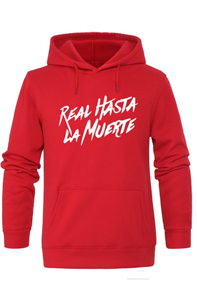 Funny Letter REAL HASTA LA MUERTE Long Sleeve Fitted Slim Red Pullover Hoodie