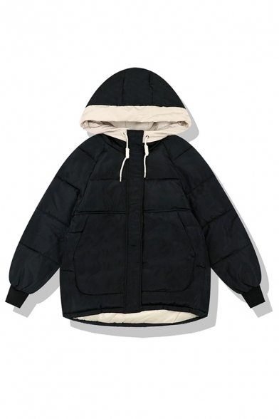 Girls' Cute Winter Blouson Sleeve Hooded Drawstring Zip Up Press Button Pockets Side Plain Baggy Contrasted Down Coat