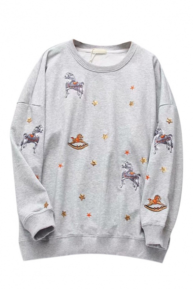 Girls Lovely Horse Embroidery Sequined Star Print Long Sleeve Crewneck Pullover Sweatshirt