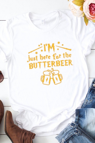Girls Simple Letter I'M JUST HERE FOR THE BUTTERBEER Short Sleeve Graphic T-Shirt