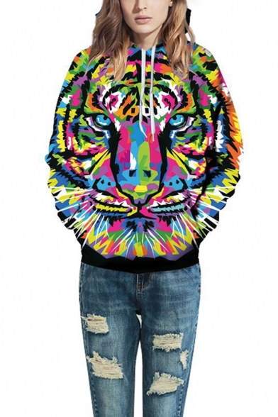 Guys Popular 3D Colorful Tiger Painting Long Sleeves Pullover Hoodie