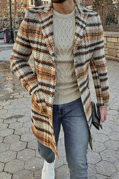 Khaki Classic Striped Pattern Peak Collar Long Sleeve Open Front Cardigan Longline Knit Coat