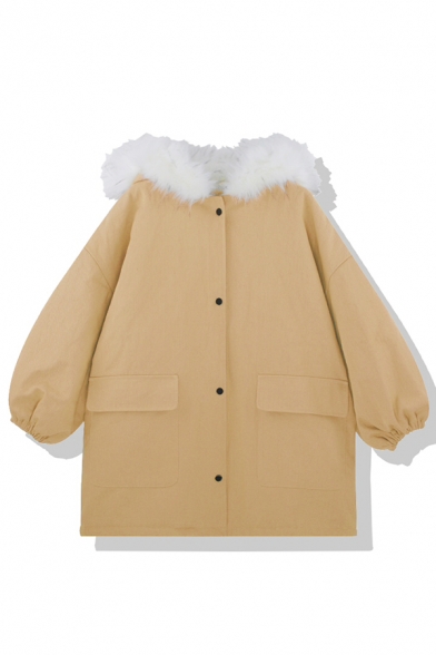 Korean Style Cute Blouson Sleeve Hooded Button Down Flap Pockets Fluff Patched Plain Thick Oversize Parka Coat for Girls