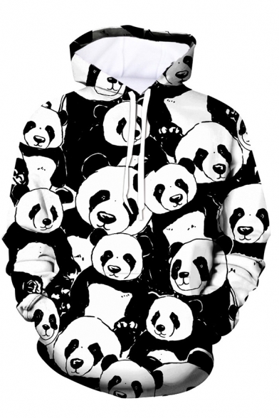 Lovely Allover Panda Pattern Long Sleeve Relaxed Fit Black and White 3D Hoodie
