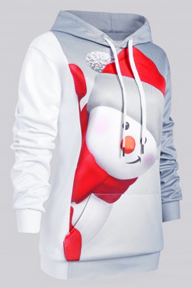 Lovely Snowman Printed Long Sleeve Loose Fit Drawstring Hoodie