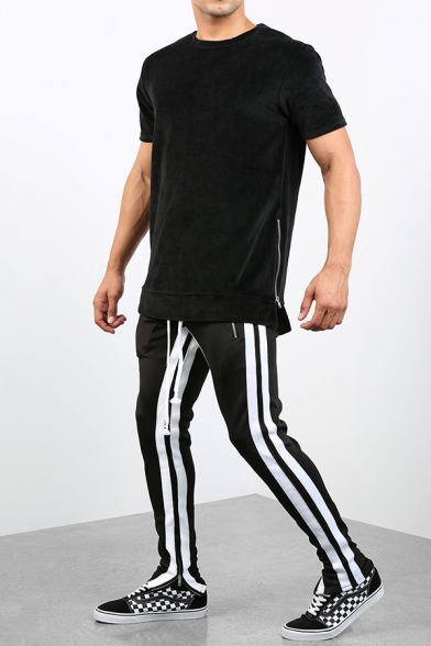 Men's Classic Contrast Stripe Print Zipper Decoration Slim Fit Outdoor Track Pants