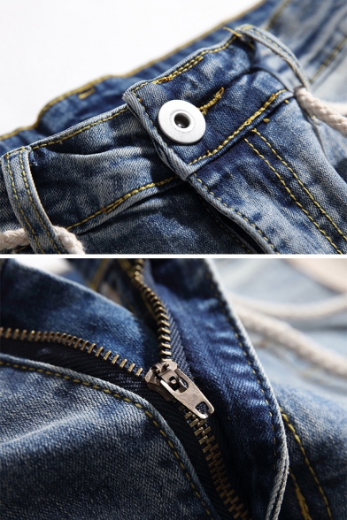 Men's Leisure Daily Wear Knee Cut Side Tape Zipper Cuff Ripped Wash Faded Jeans