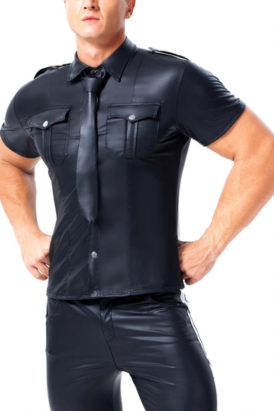 Men's Stylish Chest Pocket Epaulets Short Sleeves Lapel Fitted Black PU ...