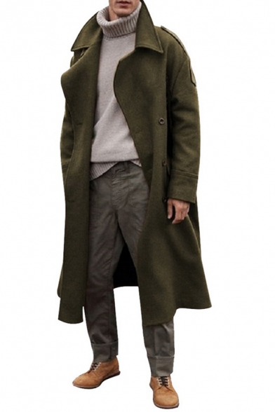 Men's Winter Popular Solid Color Long Sleeve Notched Collar Wool Overcoat