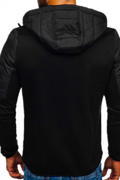 Mens Leisure Color Block Long Sleeve Zip Placket Padded Coat with Hood