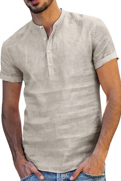 Mens Leisure Plain Short Sleeve Button Front Regular Fit Linen Shirt Top