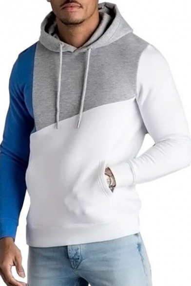 Mens New Trendy Cut and Sew Colorblocked Drawstring Hoodie with Kangaroo Pocket