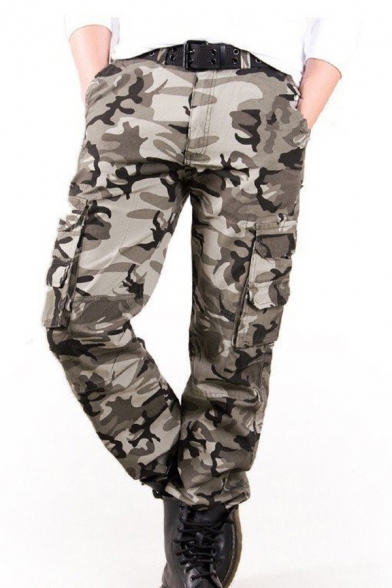 Mens Popular Camouflage Printed Multi Pocket Zipper Loose Casual Cotton Pants