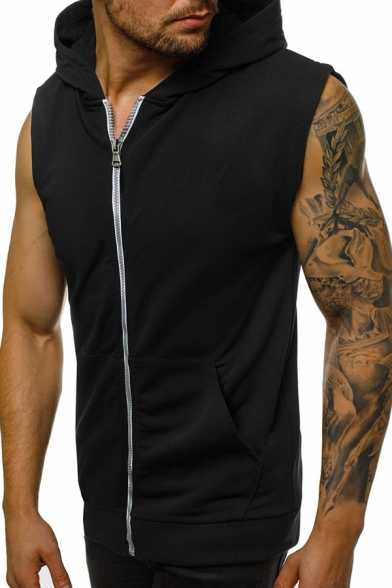 Mens Popular Solid Color Full Zip Sleeveless Hoodie with Pocket