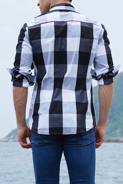 Mens Trendy Embroidery Pattern Plaid Print Long Sleeve Button Up Slim Fit Casual Shirt