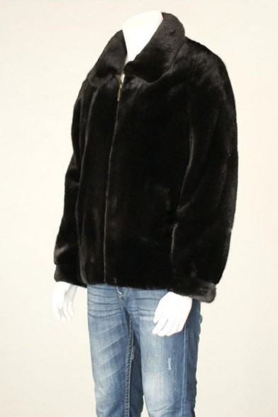 Mens Vintage Plain Black Long Sleeve Zip Placket Short Faux Mink Jacket Coat