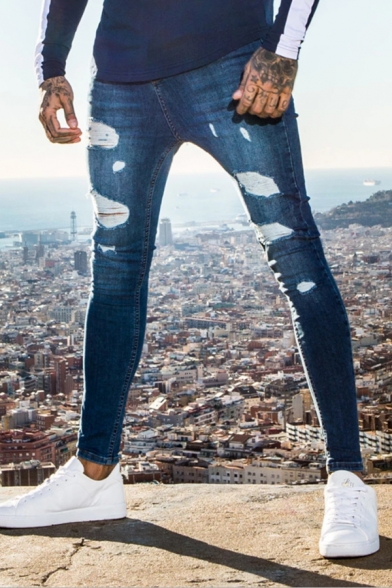 Metrosexual Men's Casual Plain Frayed Shredded Washed Denim Skinny Jeans