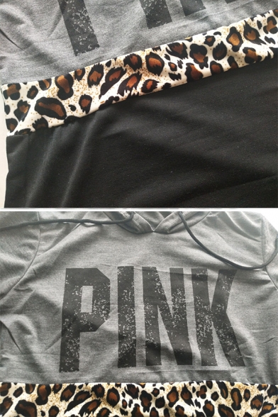 New Simple Letter PINK Printed Leopard Panel Long Sleeve Black and Gray Oversized Hoodie