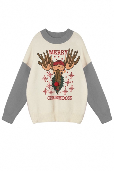 New Stylish MERRY CHRISTMOOSE Elk Pattern Color Block Long Sleeve Baggy Christmas Sweater