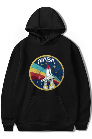 New Stylish NASA Letter Cartoon Rocket Print Long Sleeves Relaxed Loose Pullover Hoodie
