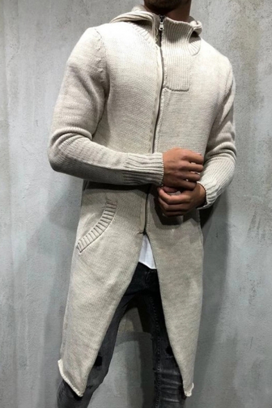 Plain Beige Long Sleeve Zip Placket Longline Knit Sweater Cardigan for Charming Men