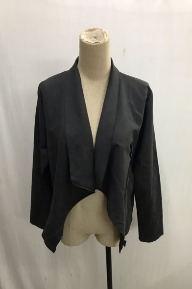Plain Elegant Long Sleeve Shawl Collar Zipper Detail Slim Fit Open Jacket for Ladies