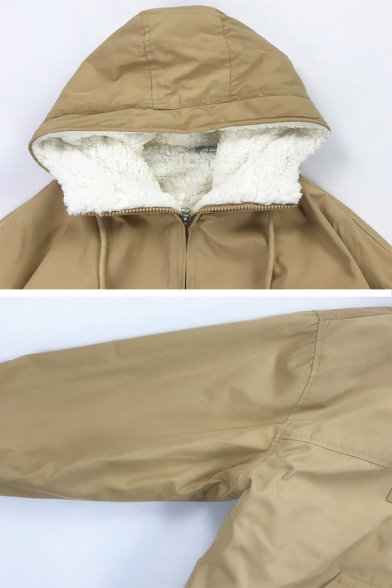 Plain Trendy Long Sleeve Hooded Half Zip Bear Print THE THREE BEARS Letter Kangaroo Pocket Drawstring Sherpa Liner Boxy Coat for Women