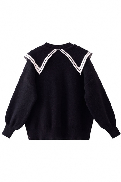 Preppy Girls' Cute Balloon Sleeve Point Collar Horse Star Printed Relaxed Fit Knit Pullover Sweater