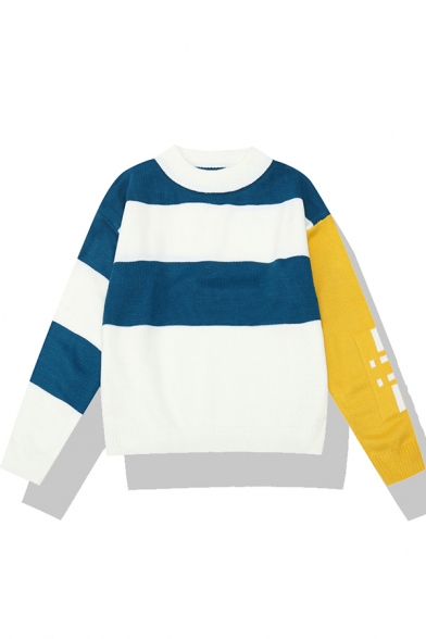 Preppy Girls' Long Sleeve Crew Neck Stripe Printed Contrasted Letter OUT Purl Knit Pullover Sweater