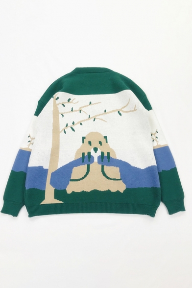 Preppy Stylish Cartoon Marmot and Tree Pattern Long Sleeves Green Oversized Jacquard Sweater