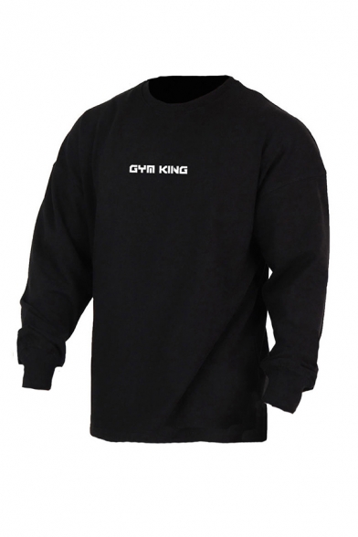 Simple Letter GYM KING Printed Long Sleeves Crewneck Loose Fit Pullover Sweatshirt