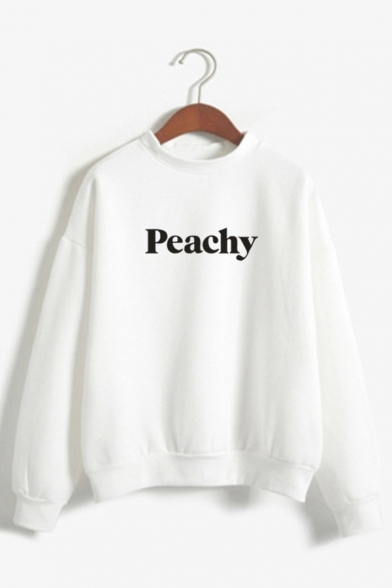 Simple Letter PEACHY Printed Long Sleeves Mock Neck Casual Sweatshirt