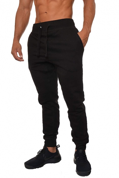 Simple Style Plain Drawstring Waist Relaxed Fit Thick Sport Trousers for Men