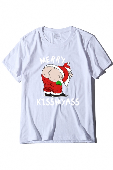 Street Girls' Short Sleeve Crew Neck Letter MERRY KISS MY ASS Santa Claus Print Baggy Tee