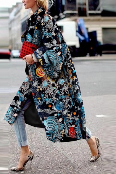 Stylish Ladies' Long Sleeve Lapel Collar Starry Sky Patterned Maxi Baggy Coat in Blue