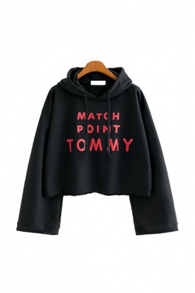 Stylish Letter SWAGGY MATCH POINT TOMMY Print Loose Fit Long Sleeves Crop Hoodie
