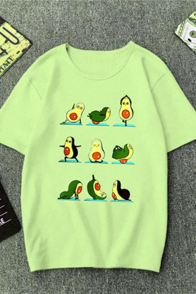 Summer Trendy Cartoon Avocado Letter Print Short Sleeve Round Neck Light Green T-Shirt
