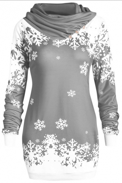 Unique Girls' Long Sleeve Cowl Neck Snow Patterned Button Embellished Slim Fit Midi Pullover Sweatshirt